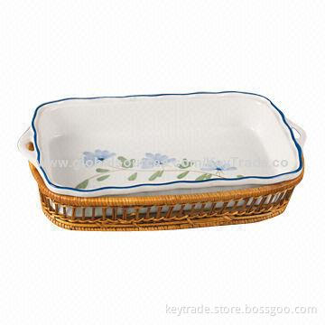 Fine Porcelain 11 and 13.5-inch Waved Rim Rectangular Tray with Basket, Hand Paint